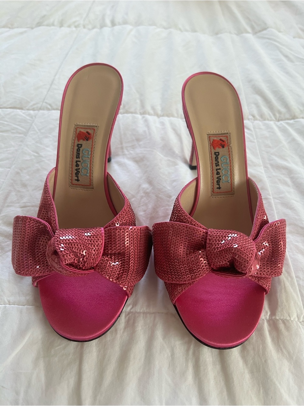 Gucci Pink Sequin Bow Mule Heels